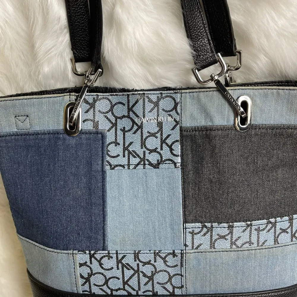 Calvin Klein gray and Bleu denim logo with black synthetic trim large tote